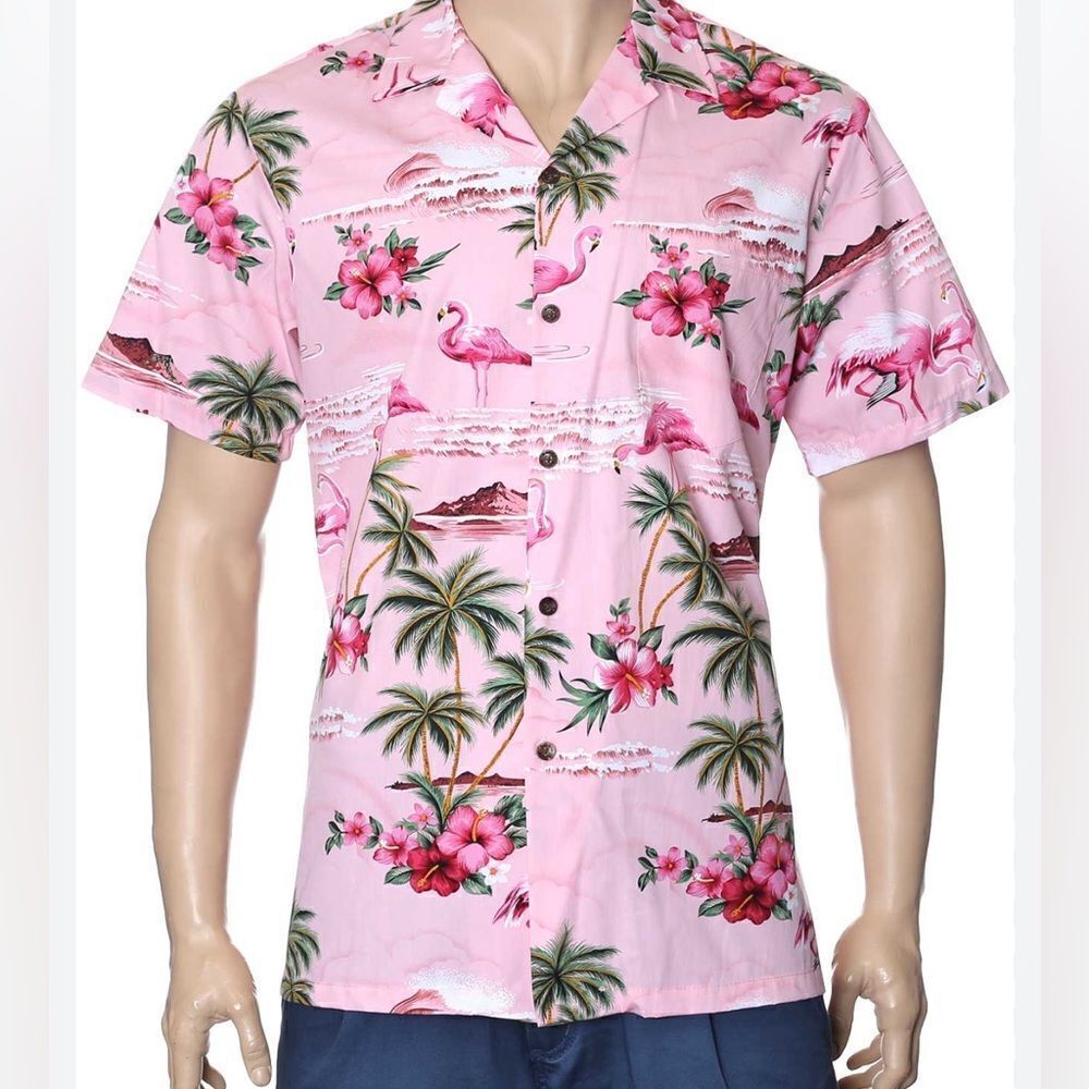 RJC Men’s Flamingo Hawaiian Tropical Pink Button Up Shirt Made In Hawaii Size XL